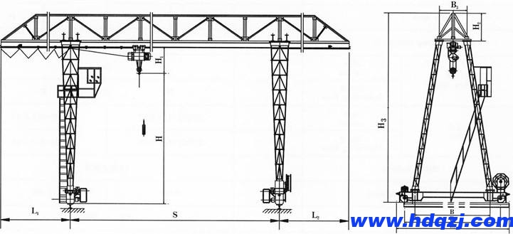 桁架式MH型電動葫蘆門式起重機結構圖 桁架式MH型電動葫蘆門式起重機結構圖